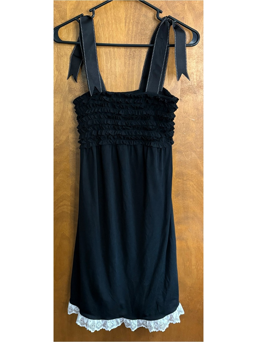 Vintage Black Smocked Square Neck Dress White Lace Trim Y2K Mcbling Goth Fairy